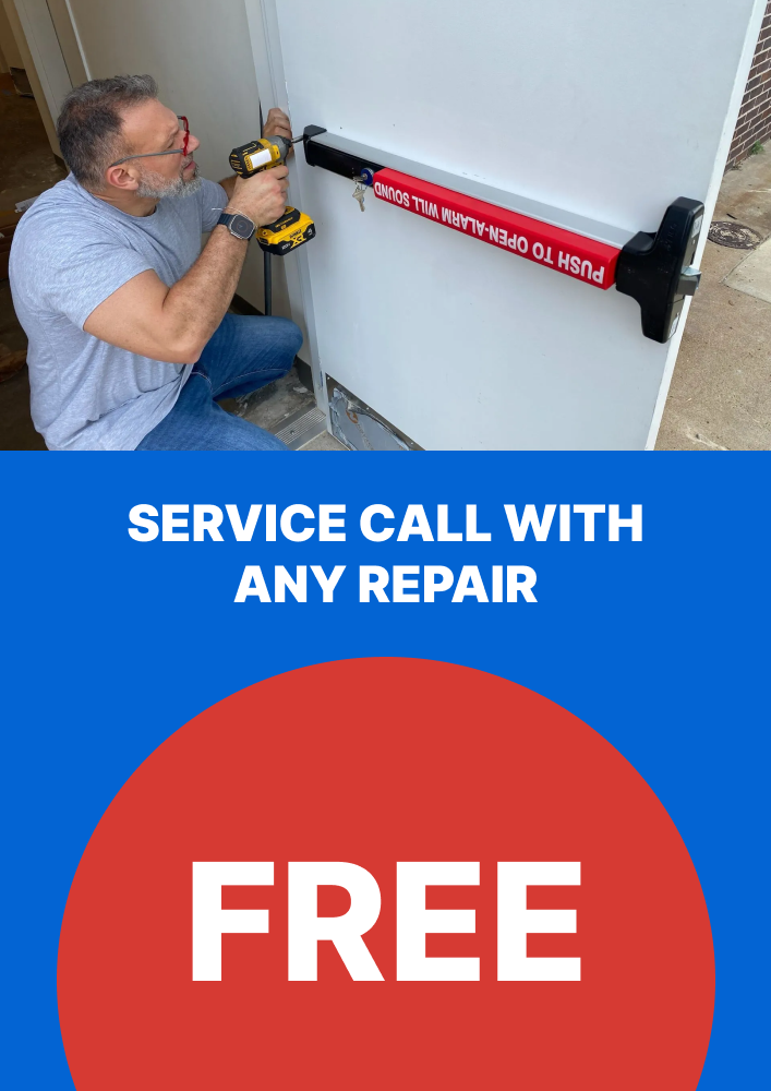 Emergency Locksmith Services Locksmith technician using a drill to install a door alarm system, with promotional text stating "Service Call with Any Repair" and "Free" in bold white letters on a blue and red background.