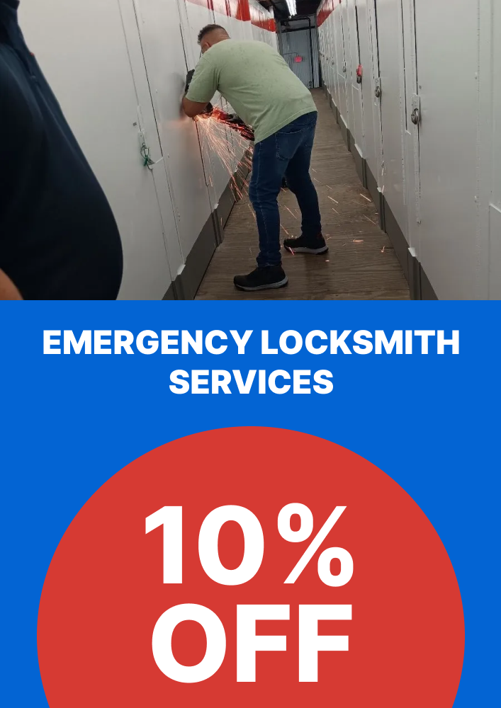 Man using a cutting tool on a lock in a storage facility, with promotional text highlighting "Emergency Locksmith Services" and "10% OFF" in bold, eye-catching colors.