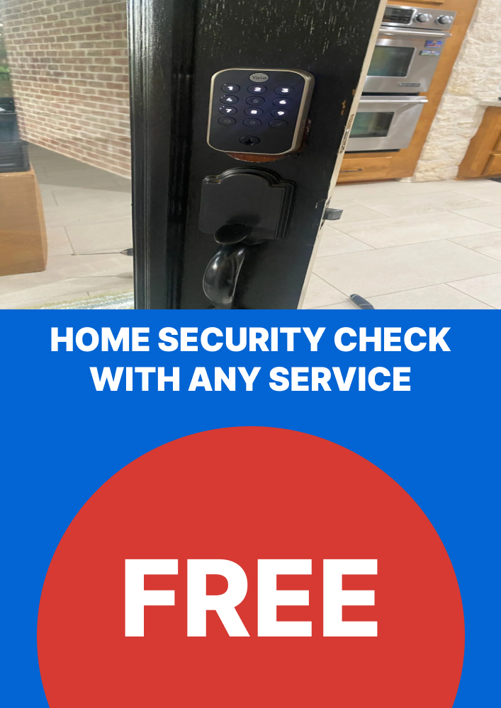 Smart lock on a door with promotional text for a free home security check with any locksmith service, emphasizing security solutions offered by Houston Secure Locksmith.