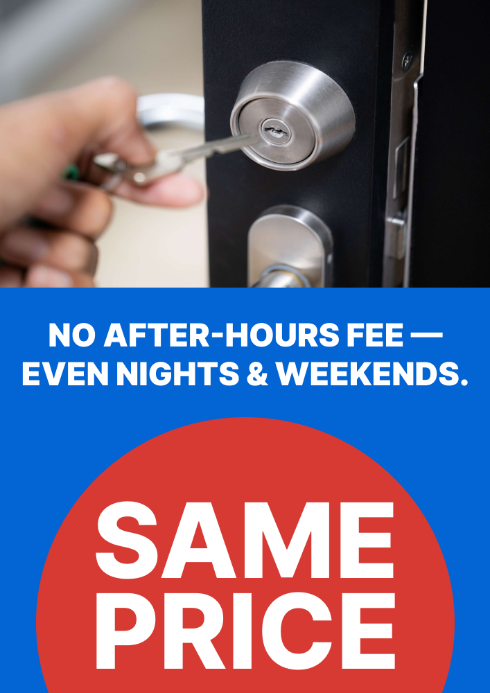 Hand inserting a key into a door lock with text overlay highlighting "No after-hours fee — even nights & weekends" and "Same price," promoting Houston Secure Locksmith's affordable and accessible services.