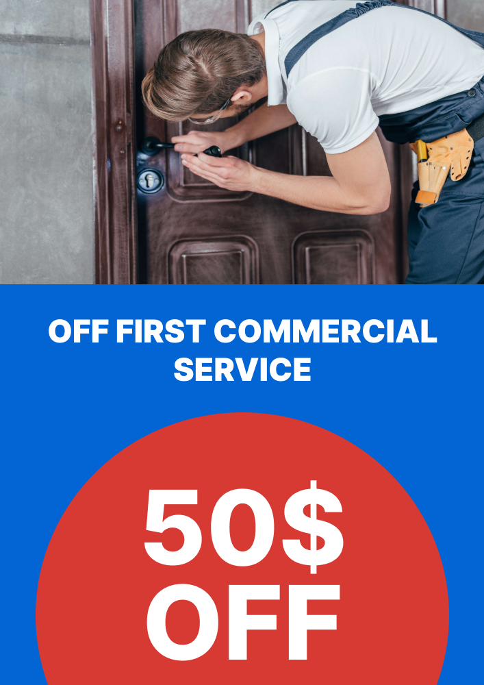 Locksmith working on a door lock, promotional text for 50% off first commercial service, blue and red color scheme.