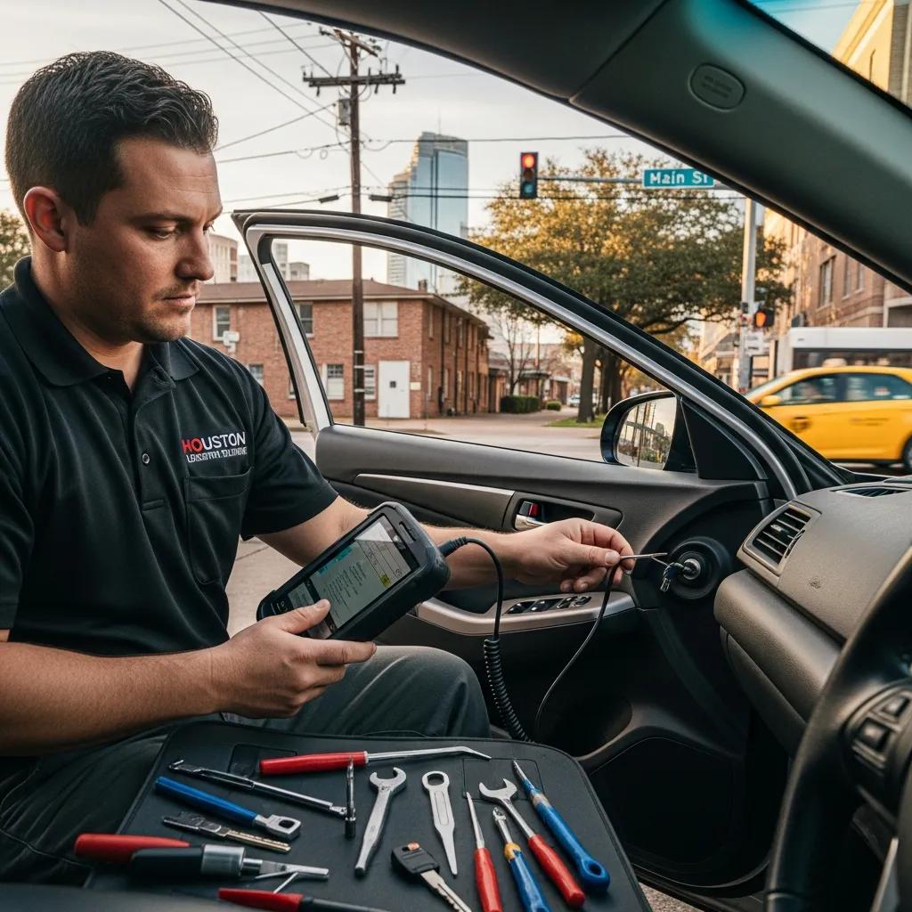 Automotive locksmith programming a car key, illustrating essential services for vehicle owners in Houston