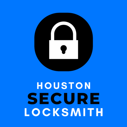 Houston Secure Locksmith logo featuring a padlock icon on a blue background, representing professional locksmith services for safety and security.