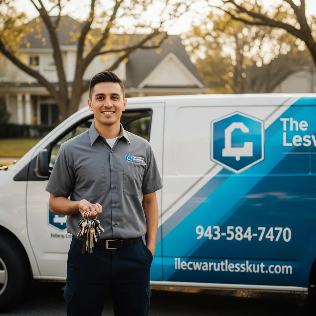Local locksmith in front of service vehicle, representing community trust and expertise