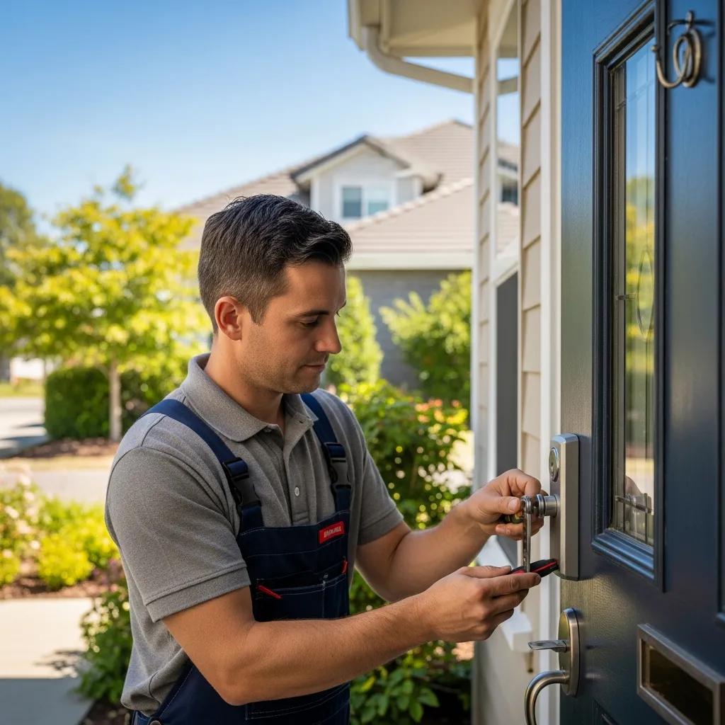 Professional locksmith installing a modern lock on a front door, emphasizing home security and residential locksmith services in Houston.