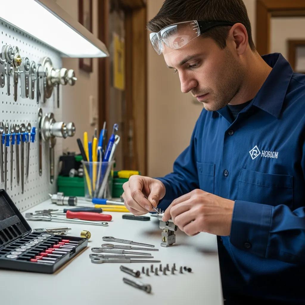Professional locksmith working on a lock, emphasizing reliability and expertise in locksmith services
