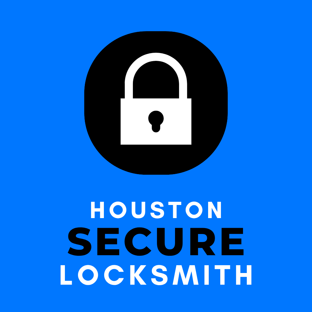 Houston Secure Locksmith logo featuring a padlock icon on a blue background, representing professional locksmith services focused on safety and security.