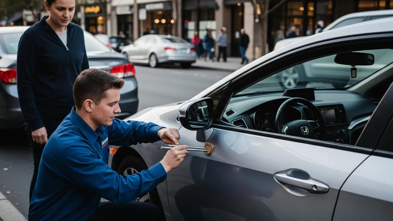 Automotive locksmith unlocking a car for a driver, illustrating car lockout assistance
