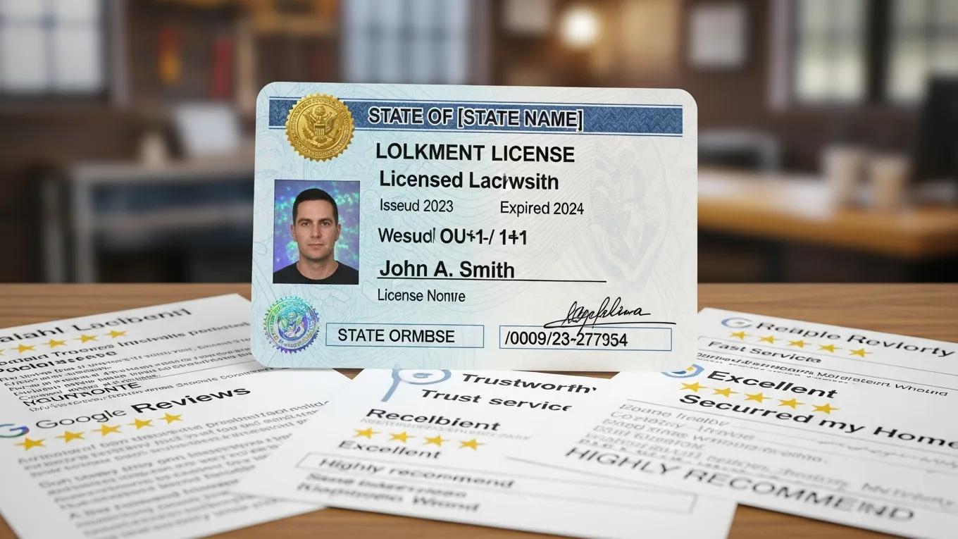 Close-up of locksmith credentials, including a state-issued license and customer reviews, emphasizing trustworthiness and expertise for Houston Secure Locksmith services.