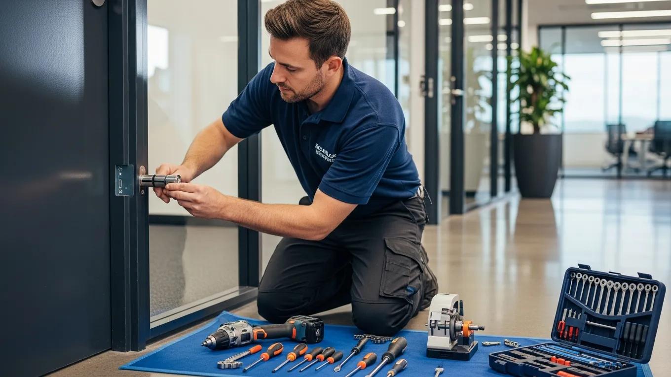 Commercial locksmith installing a high-security lock on a business door, emphasizing security solutions with tools and equipment on the floor.