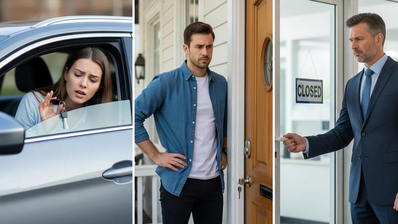 Woman in car looking distressed with keys inside, man standing outside a closed door, and a businessman attempting to open a locked entrance, representing various lockout situations.