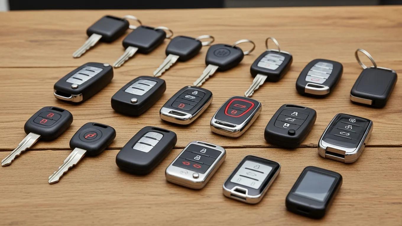 Different types of car keys displayed on a wooden table, including traditional keys, transponder keys, key fobs, and smart keys, relevant to automotive locksmith services in Houston.