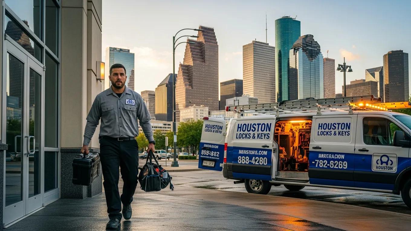 Emergency locksmith arriving at commercial property in Houston, carrying tools, with Houston skyline in background, showcasing urgent service for business security.