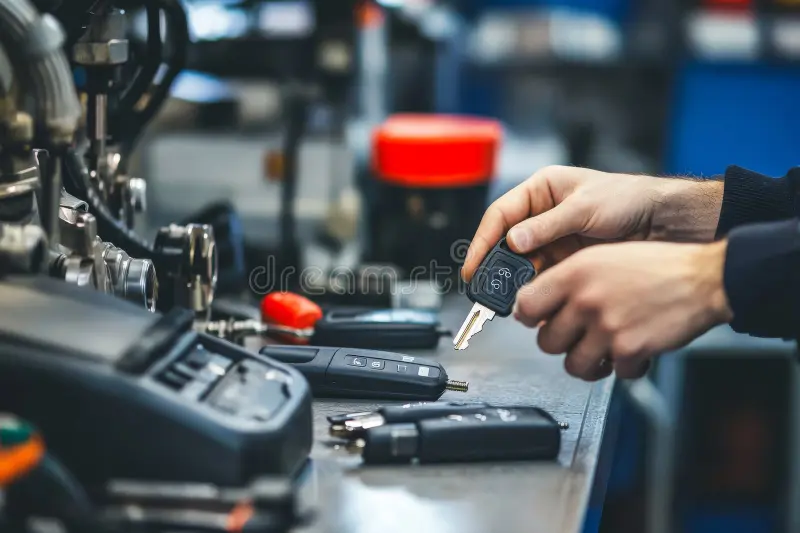 Hands holding a car key near various automotive key fobs and tools on a workbench, illustrating professional automotive locksmith services for key programming and duplication.