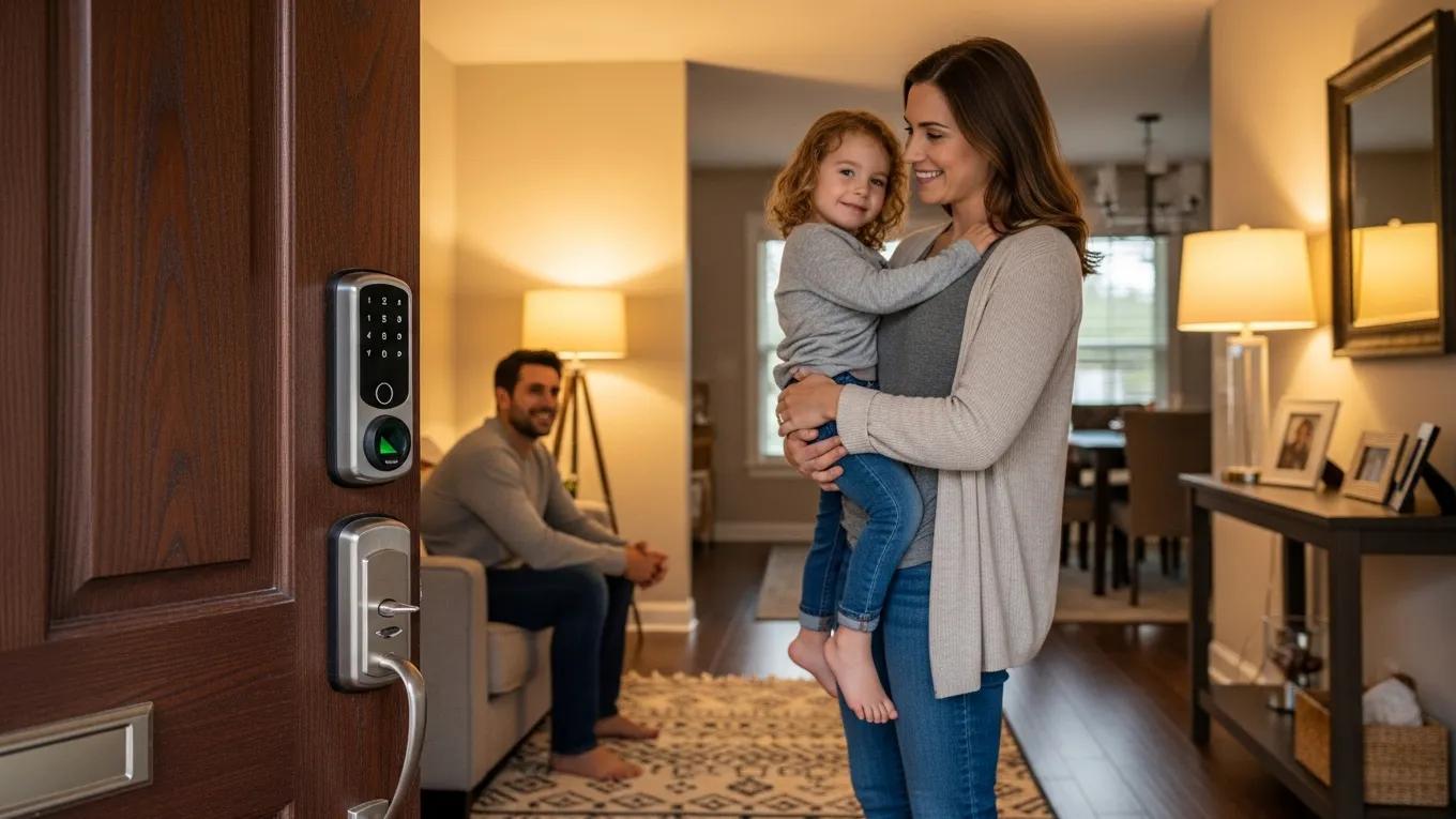 Family feeling secure at home with a high-security smart lock on the front door, showcasing safety benefits in a cozy living space.