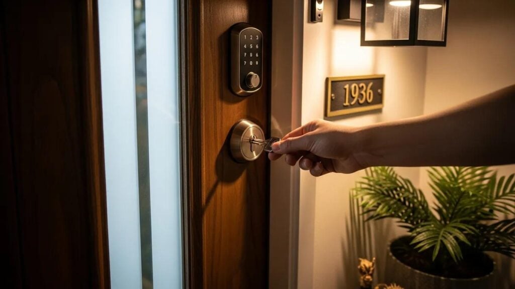 Front door with modern lock representing home rekey services in Houston