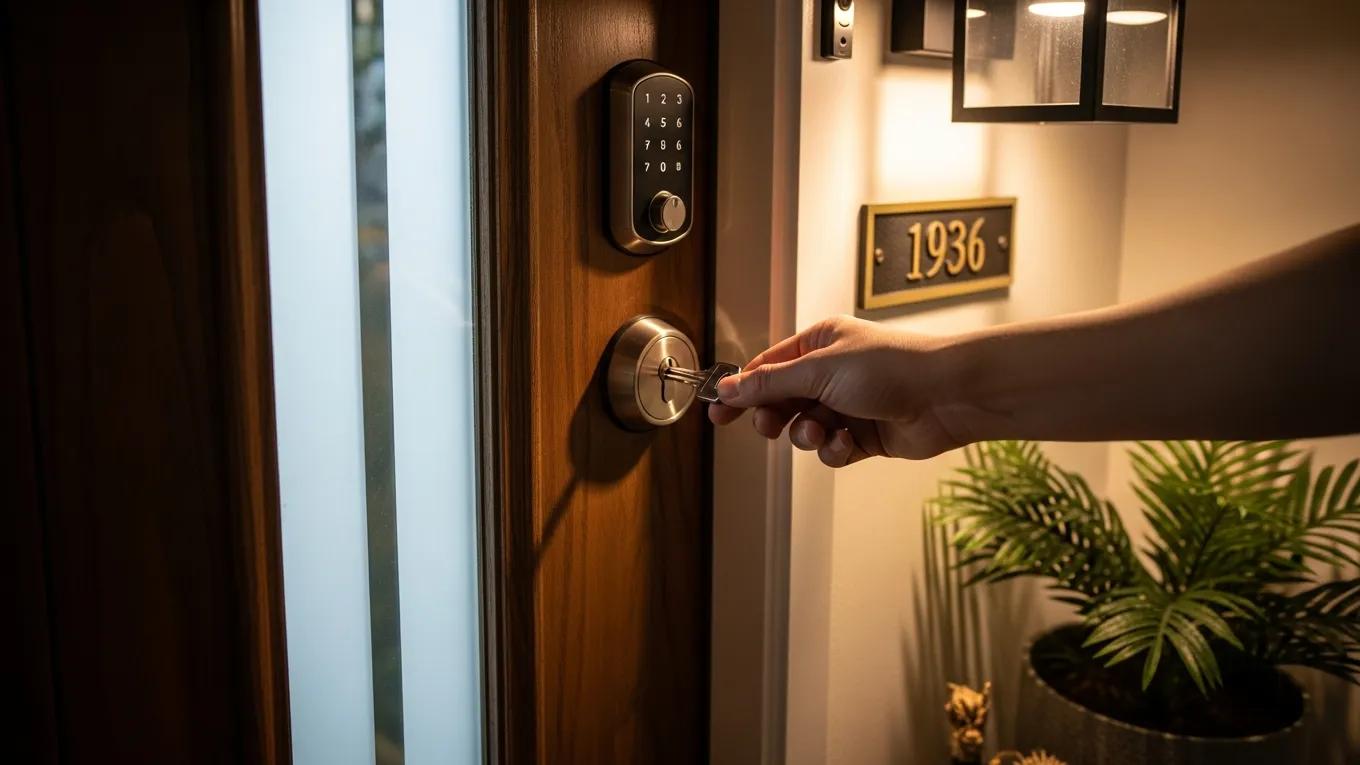Front door with modern lock representing home rekey services in Houston