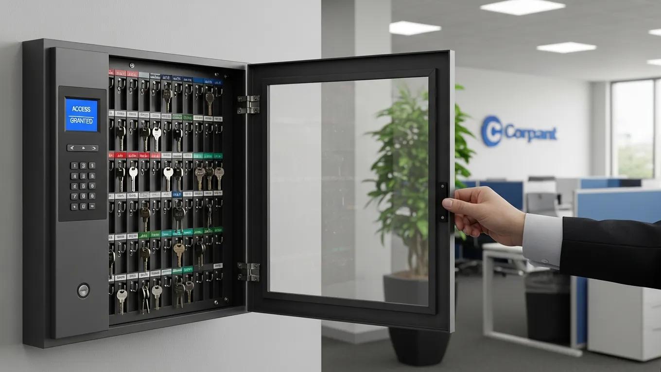 Key control system in a secure cabinet, displaying organized keys and access panel, enhancing security for commercial properties in an office setting.