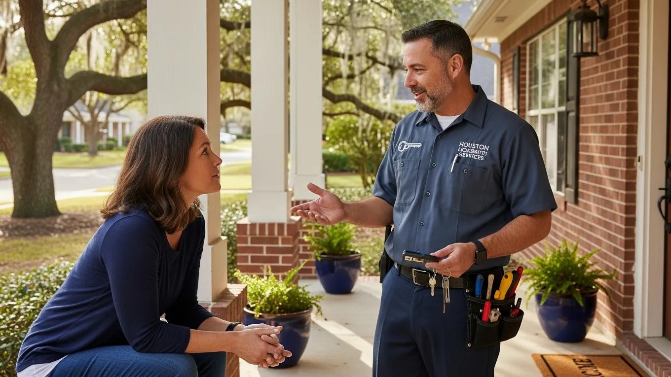 Local locksmith consulting with a homeowner about rekeying services