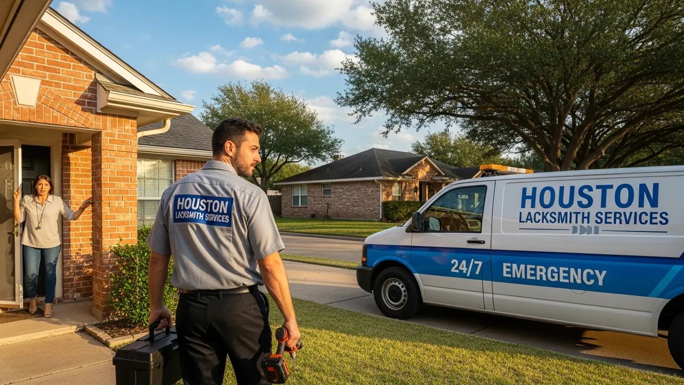 Locksmith in uniform from Houston Locksmith Services arriving at a house for emergency lockout assistance, with a homeowner expressing relief at the door.
