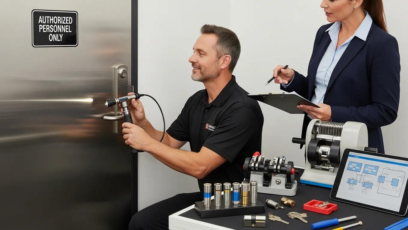 Locksmith assessing security measures for a business owner, with tools and a tablet displaying access control systems, in a commercial environment.