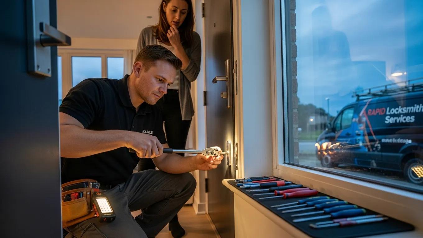 Locksmith assisting a homeowner during an emergency lockout, showcasing professionalism and quick response, with tools visible and a locksmith service vehicle in the background.