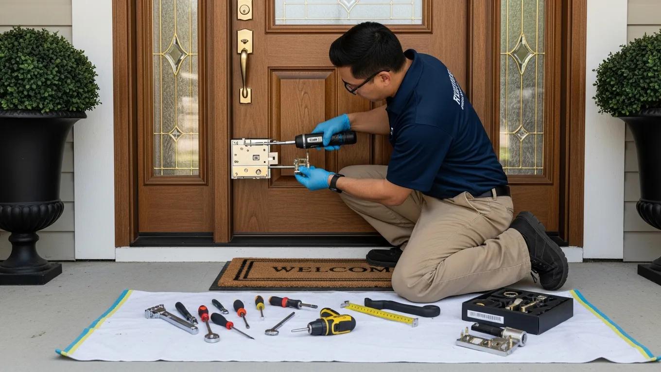 Locksmith installing a high-security lock on a residential front door, emphasizing home security