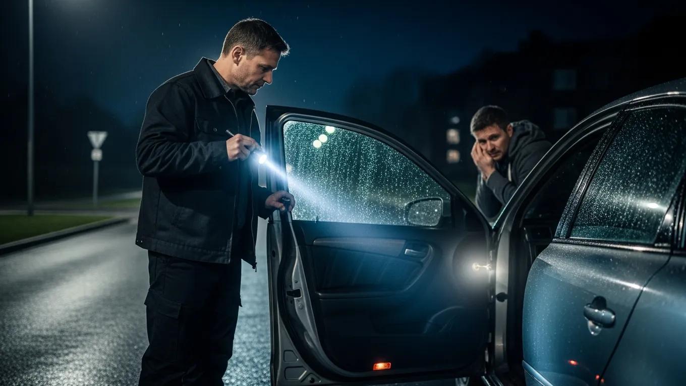 Locksmith providing emergency car lockout assistance at night, highlighting urgency and professionalism, with a flashlight illuminating the vehicle interior.