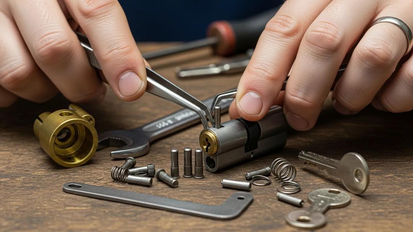 Locksmith rekeying a lock, showcasing the benefits of rekeying services