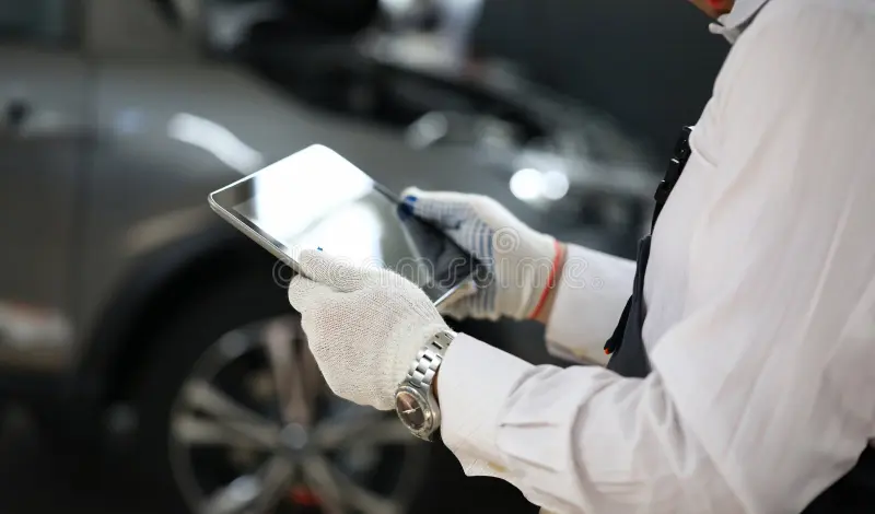 Male automotive locksmith using a tablet to perform diagnostics in a vehicle repair setting, emphasizing automotive locksmith services.