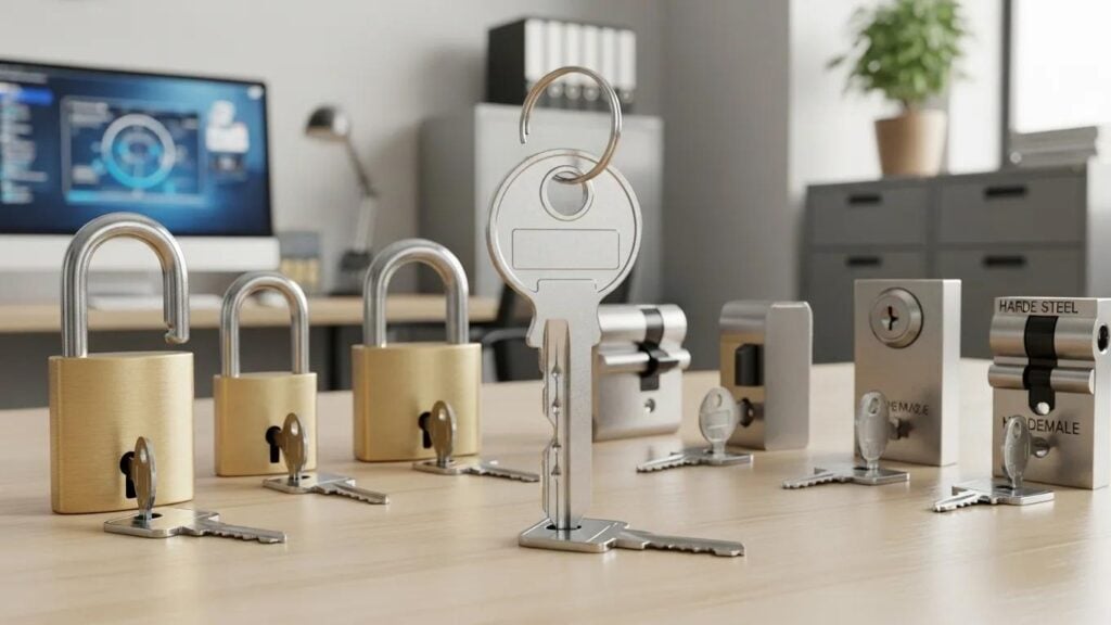 Master key system with various locks and keys in a modern office setting, emphasizing security and access control for commercial applications in Houston.