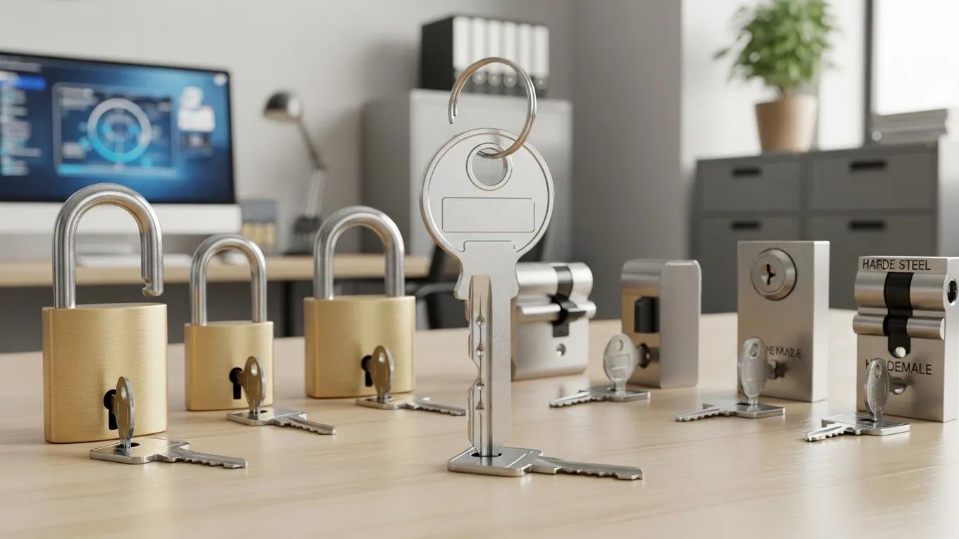 Master key system featuring various high-security locks and keys in a modern office setting, emphasizing security and access control solutions.