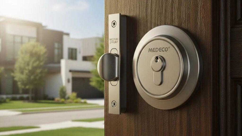 Medeco high-security lock installed on a residential door in Houston, showcasing advanced security features and a modern home exterior.