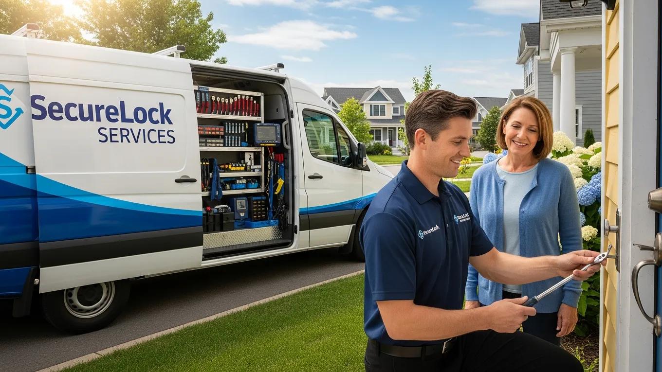 Mobile locksmith providing on-site assistance at a residential location, with a SecureLock Services van visible, demonstrating emergency lockout solutions.