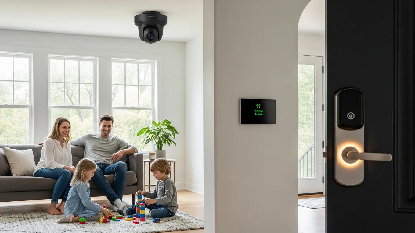 Modern home security system featuring surveillance camera and smart lock, showcasing family safety in a cozy living room setting with children playing.