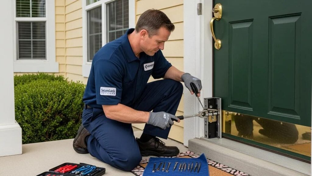 Professional locksmith unlocking a residential door during a house lockout in Houston, equipped with tools and wearing a SecureLock uniform.
