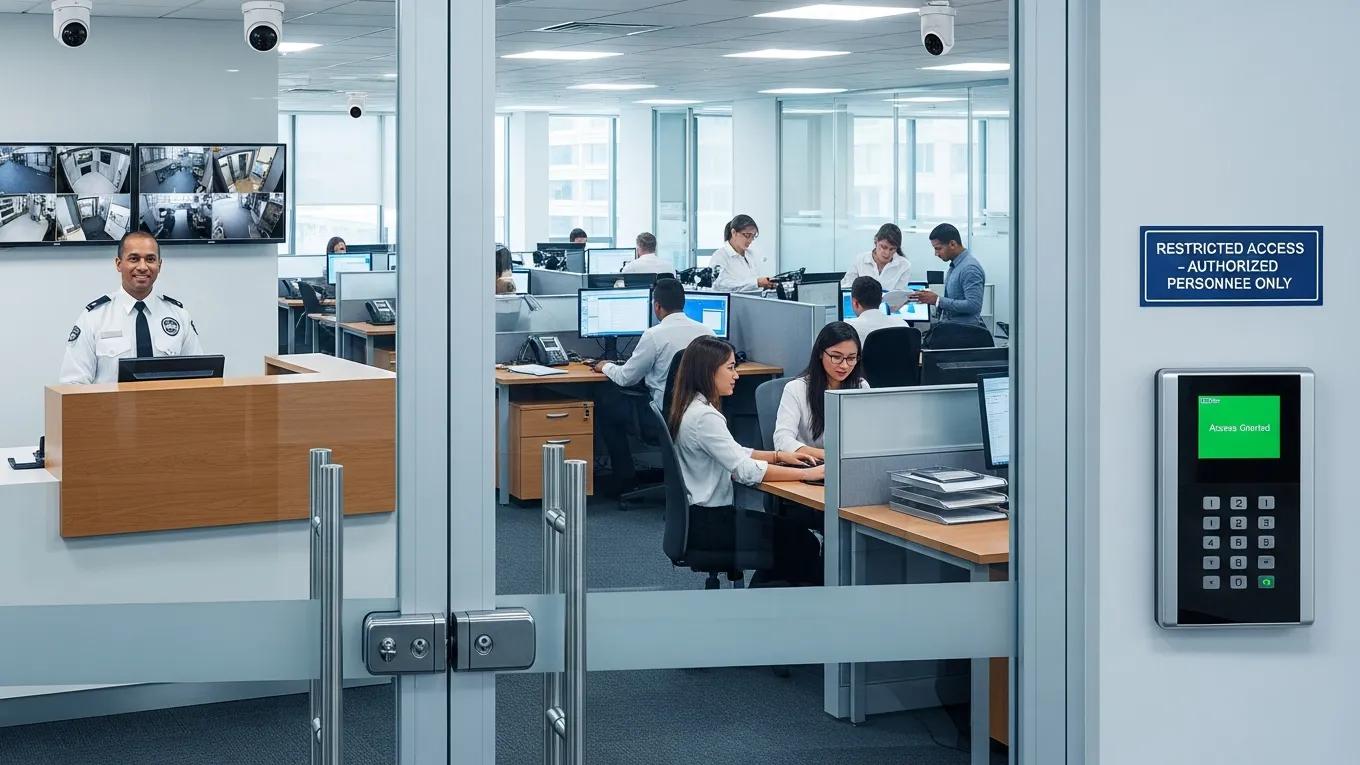 Secure office environment featuring a security guard at a reception desk, surveillance monitors displaying various areas, and an access control system indicating "Access Granted," emphasizing the importance of commercial locksmith services for business security.