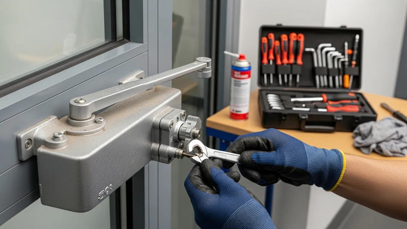 Commercial Door Hardware Houston - ADA, Panic Bars, Closers Technician inspecting a door closer mechanism with tools, highlighting the importance of regular maintenance for commercial door security and functionality.