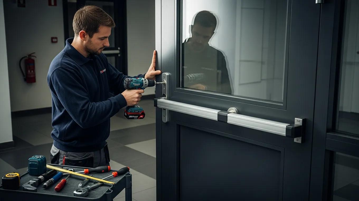 Commercial Door Hardware Houston - ADA, Panic Bars, Closers Technician installing panic bar on commercial door, showcasing secure entry solutions for ADA compliance and emergency egress.