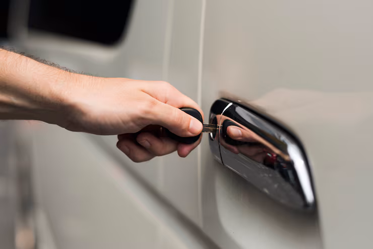 Hand inserting key into car door handle, illustrating automotive locksmith services for vehicle access and security by Houston Secure Locksmith.