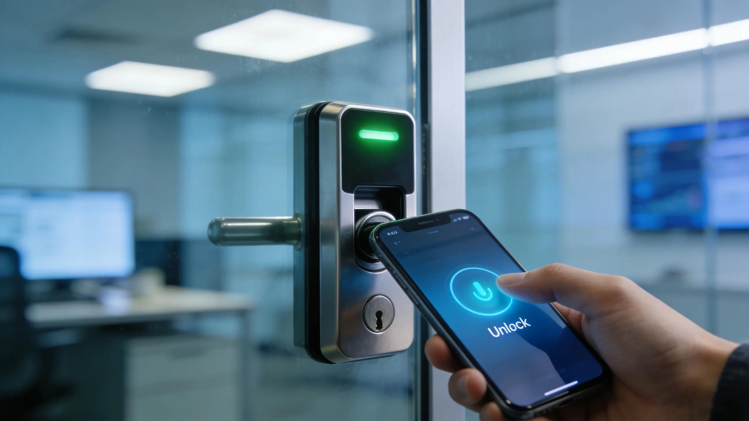 Keyless entry system and smartphone unlocking commercial door lock.