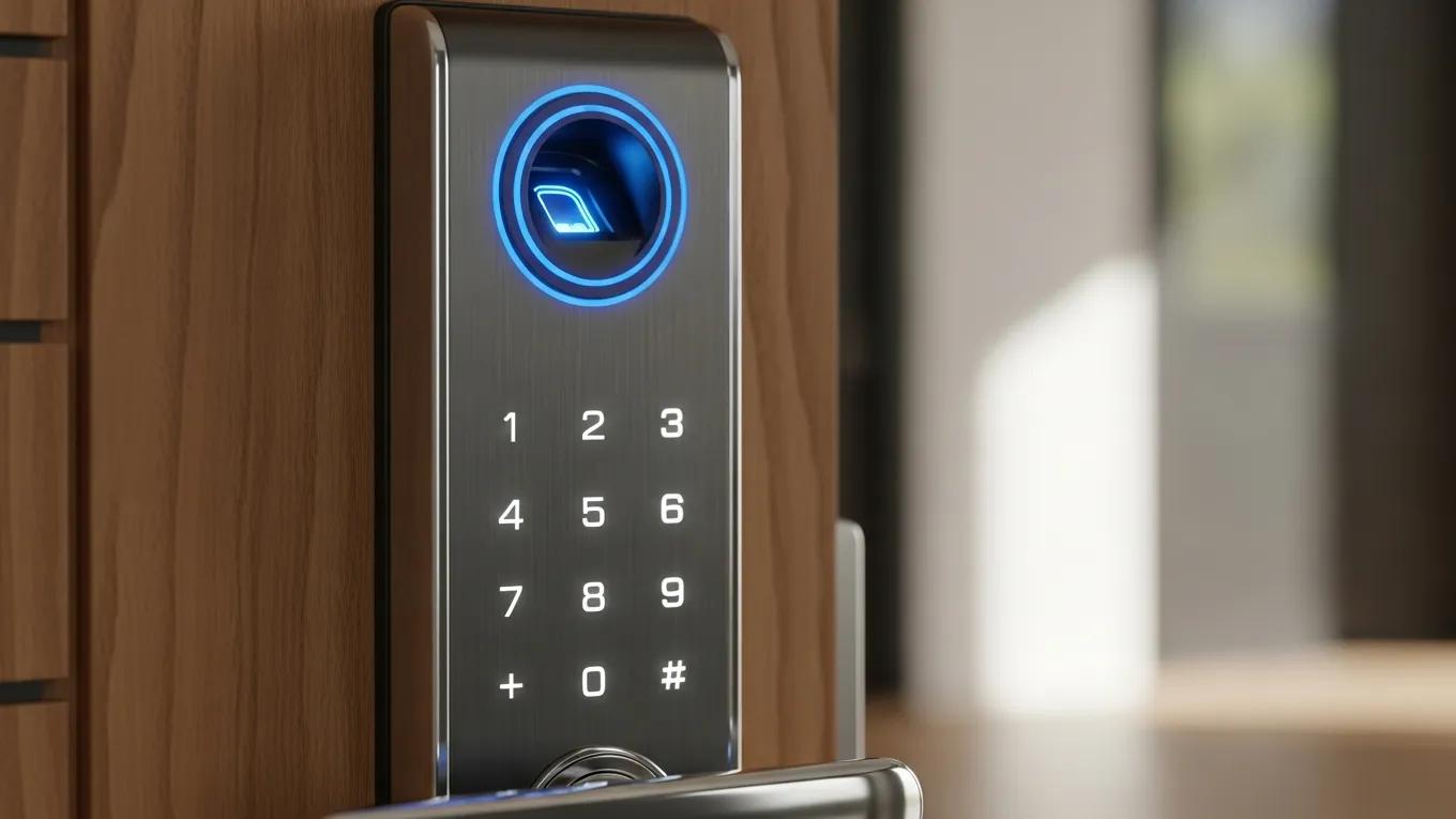 Close-up of a smart lock showcasing its keypad and biometric features for enhanced security