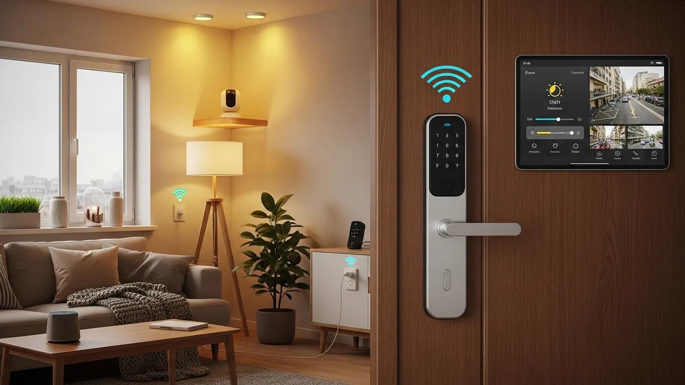 Interior view of a smart home showing integration of smart locks with home automation devices