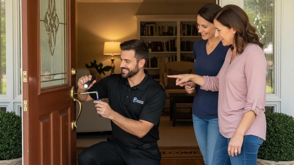 Professional locksmith assisting a homeowner, emphasizing residential security and trust