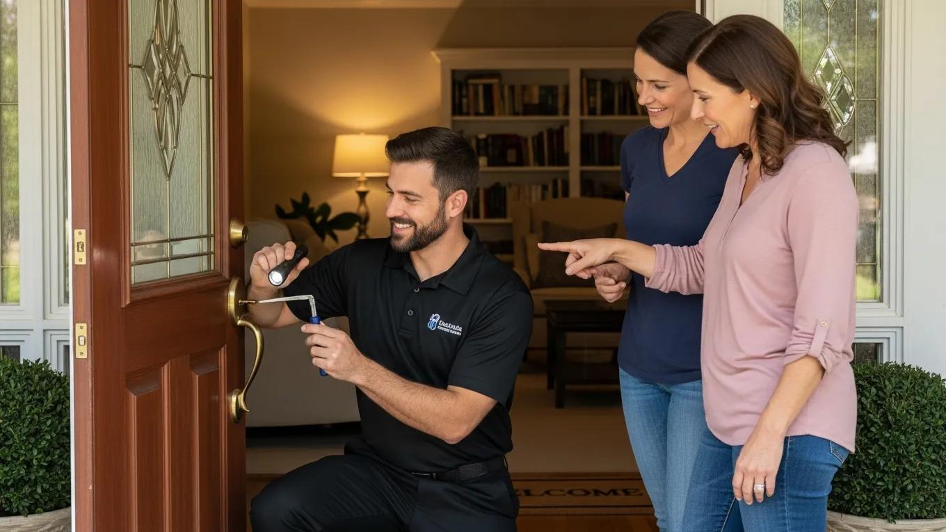 Professional locksmith assisting homeowner with residential security and lock repair in Houston.