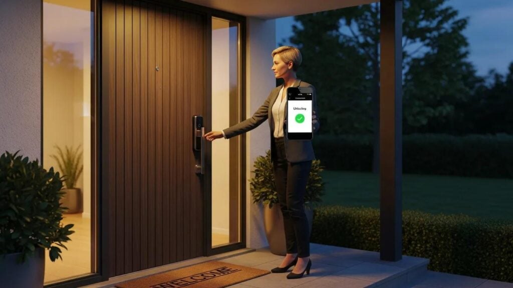 Woman using smartphone to unlock smart lock at home entrance demonstrating keyless entry technology in Houston, Texas.