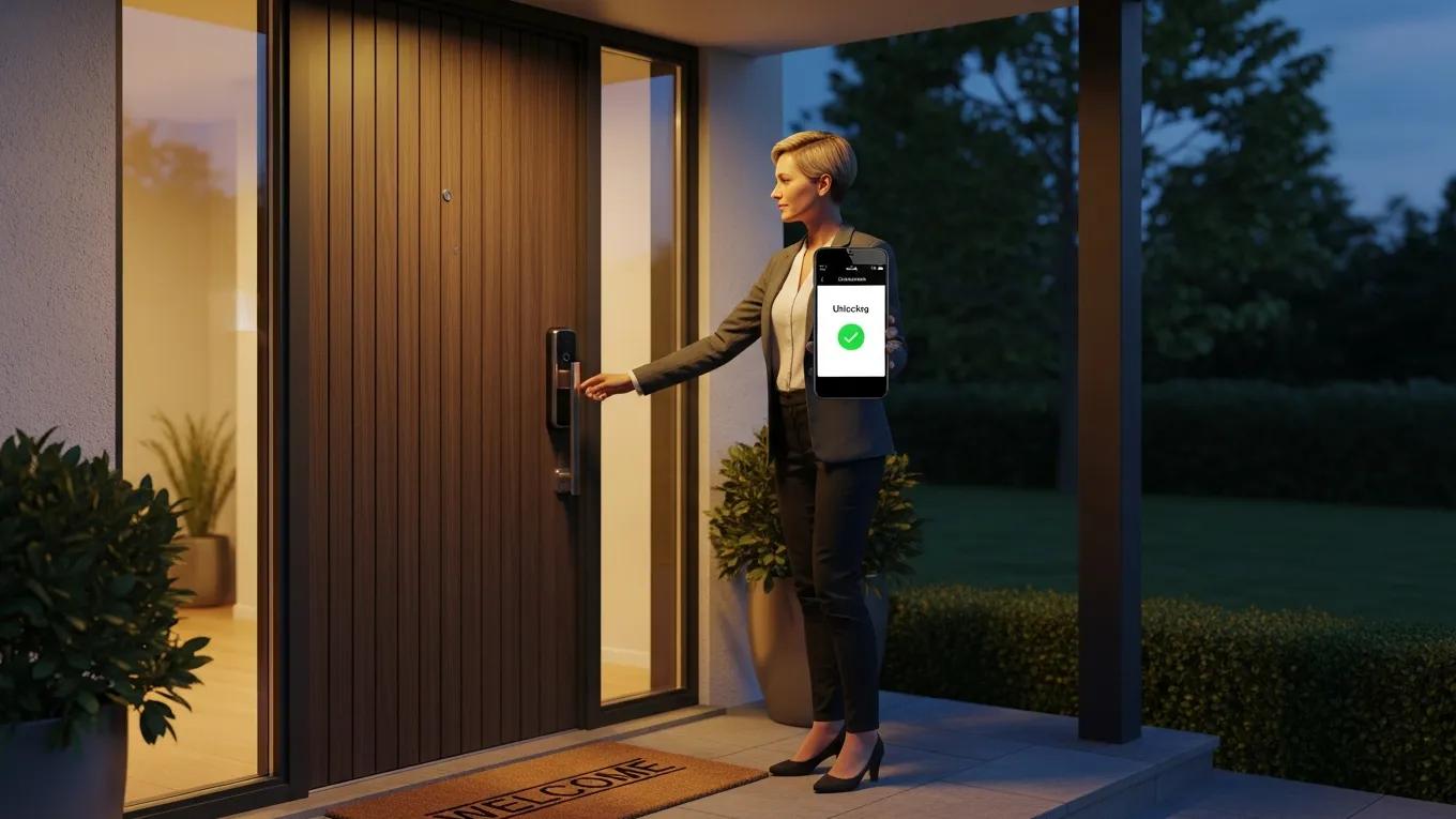 Smart lock installation at a home entrance demonstrating keyless entry technology