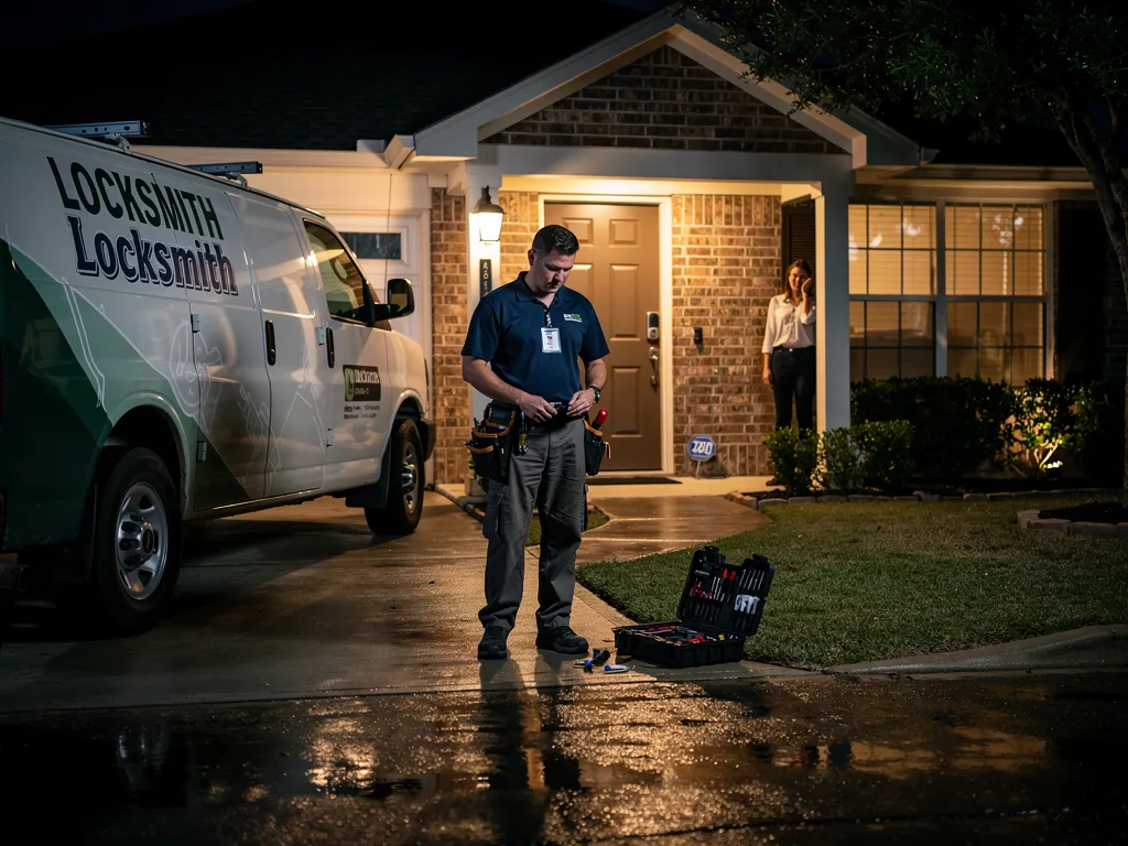 Licensed mobile locksmith technician arriving at a Houston home at night with professional tools