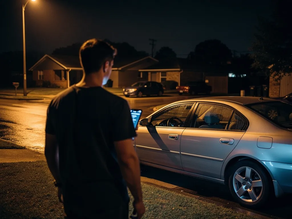 Houston resident searching for an affordable emergency locksmith on their phone outside a locked car