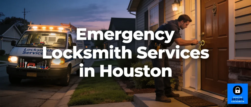 Houston Secure Locksmith emergency services van and locksmith assisting with a house lockout in Houston, Texas.